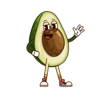 Harika bir avokado sebze karakteri. İzole edilmiş çizgi film vektörü tropikal meyve kişiliği, büyük bir gülümseme, ve neşeli bir yüz, rahat, eğlenceli ve eğlenceli vejetaryen titreşimleri temsil ediyor.