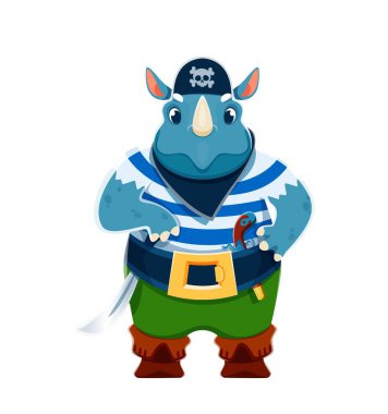 Çizgi film gergedan hayvan korsan karakteri. Bandana 'da kafatası ve çapraz kemikli korsair gergedan denizci vektör kişiliği. Kılıcı ve klasik silahı olan sevimli gergedan hırsızı karakteri, komik hayvan korsanı.