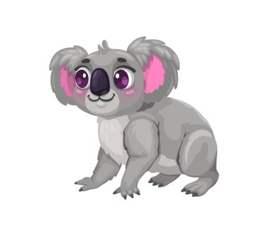 Büyük mor gözleri ve pembe kulakları olan sevimli koala karakteri, nazik ve sevimli bir ifadeyle oturuyor. İzole edilmiş vektör Avustralyalı hayvan kişiliği cazibesini ve masumiyetini yakalar.