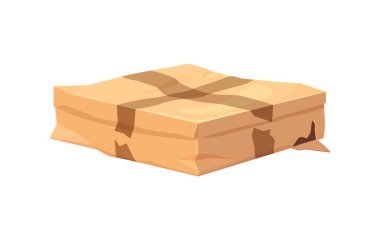 Damaged and crumpled cardboard delivery box. Cartoon vector parcel package shows signs of being ripped and broken, indicating poor handling during shipment, issues with shipping and delivery services clipart