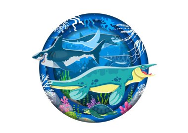 Kağıt, yuvarlak 3D katmanlı çerçevede tarih öncesi sualtı dinozorlarını kesiyor. Deniz sürüngenleri ve canlı okyanus ortamındaki canlılar mercan, deniz yosunu, su bitkisi ve yaşamla doludur.