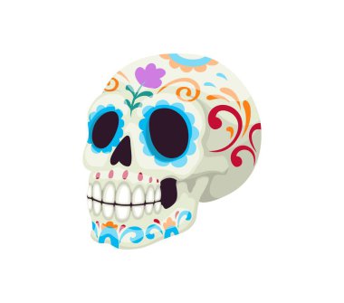 Ölü dia de los muertos 'un karikatür günü çiçek desenli bir kafatası süslemesi. İzole vektör kafatası kalakası şenlik ruhunu, hatırasını, onurunu ve kültürel önemini yakalar