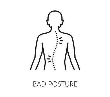 Omurganın kötü duruşu ya da omurga eğriliği için kiropraktik tıp ikonu, vektör çizgisi pictogram. Omurilik patolojisi ve sırt anormal eğriliğinin kayropraktik ve kayropraktik sembolü.