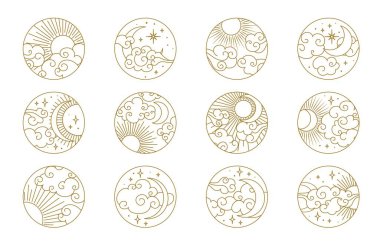 Çin ayı, bulut, güneş, doğu Asya sanatı. Gece çizgisi desenli vektör çemberleri bulutlu gökyüzü, yıldızlar, hilal ay, güneş ve bulutlar. Çinliler, Japonlar, Koreliler veya Tibet ezoterik dövmeler.