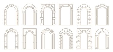 Boho kemerli kapı çerçeveleri, vektör çizgisi kaplama sınırları ve minimum sanat süslemeleri. Art deco sütunları ve tuğla kalıplı arka kemerler. Estetik bohem kemerli kapı çerçeveleri, boho iç mekan elementleri