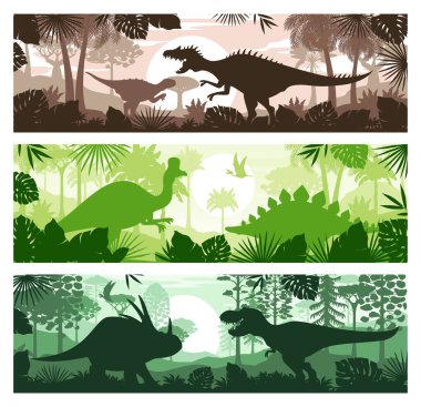 Tarih öncesi dinozorlar, jurasik orman doğasının peyzaj sancakları ve dinozor hayvan vektör siluetleri. Tyrannosaurus, styracosaurus, neovenator, dimorphodon ve psittacosaurus, orman palmiyeleri, güneş