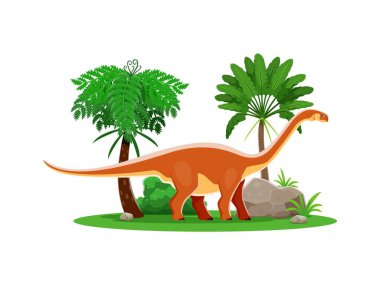 Karikatür dinozoru, ormandaki Cetiosaurus 'un tarih öncesi karakteri, Jurassic kertenkele vektörü. Tarih öncesi komik dinozor karakteri ya da tarih öncesi çocuk kertenkele ya da sürüngen için Cetiosaurus dino