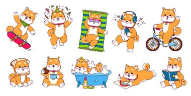 Japon çizgi filmi kawaii shiba inu karakterleri, şirin köpek kişilikleri. Vector shiba inu pet animals, brown dogs and puppies... kahve içiyorlar, bisiklete biniyorlar ve kaykay yapıyorlar, müzik dinliyorlar ve dans ediyorlar.