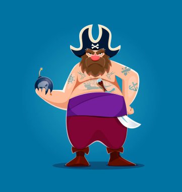 Cartoon fat pirate corsair character holding bomb with a lit fuse. Vector shirtless sailor revealing tattoos of ships and anchors, wearing a pirate hat, exudes a menacing and rebellious demeanor clipart