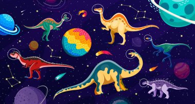 Dinozor astronotlar uzayda, yıldızlarla, gezegenlerle, takımyıldızlarla ve kuyruklu yıldızlarla çevrili. Miğferlerdeki çizgi film vektör dino karakterleri, evreni keşfeden yaratıcı tarih öncesi yaratıklar.