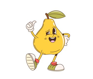 Retro çizgi film süper armut meyvesi karakteri. İfade eden gözleri, gülen yüzü ve spor ayakkabıları ile izole edilmiş vektör antropomorfik kişiliği, baş parmak hareketi yapar, hippi eğlencesi ve neşeli titreşimler yayar.