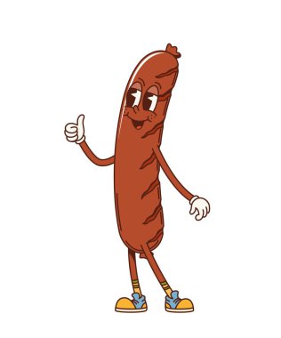 Sosis retro harika barbekü karakteri. İzole edilmiş çizgi film vektörü oyuncu ve neşeli ızgara sosis bbq yemek kişiliği hippi y2k tarzında, gülen yüzlü, spor ayakkabı giyen ve baş parmağını kaldıran