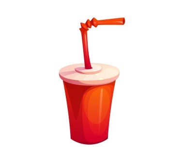 Karikatür soda bardağı, fast food kırmızı bardakta pipet ve plastik kapaklı. Soğuk içecek için konteynırı götürün. Tek kullanımlık karton bardaktaki izole vektör kola ferahlatıcı içecek.