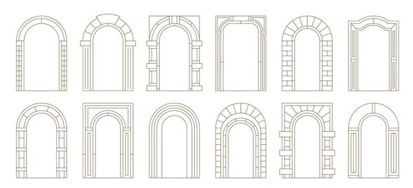 Boho arch door frames with vector line casing borders of minimal art ornaments. Retro archways with art deco columns and brickwork pattern. Aesthetic bohemian arch door frames, boho interior element