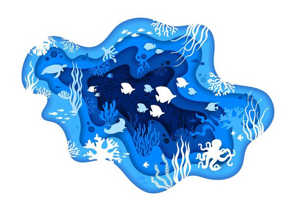 Paper cut underwater landscape with fish shoals and corals, vector undersea background. Sea or ocean underwater paper cut landscape with tropical fishes, coral reef octopus and stingray with turtle