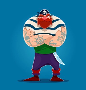 Çizgili gömlekli, dövmeli ve kılıçlı dev bir korsan denizci. İzole edilmiş vektör korsair kişiliğinin sert bir ifadesi çapraz kolları ve denizcilik maceralarına hazır cesur bir duruşu vardır.