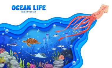 Çizgi film mürekkep balığı ve deniz hayvanları sualtı manzarasında. 3D vektör kağıdı kesim sahnesinde dev mürekkep balığı, okyanus kaplumbağası, vatoz ve baloncuklar gibi deniz canlıları renkli mercan ve baloncuklarla çevrili.