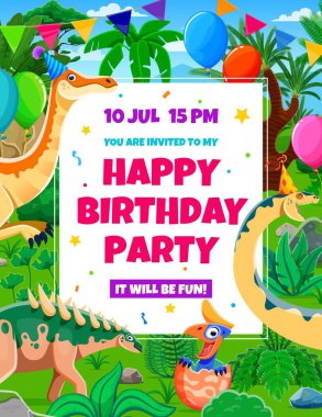 Tarih öncesi manzarada komik dinozorlarla doğum günü partisi broşürleri. Jurasik dönemin sevimli sürüngenleriyle dolu bir tatil davetiyesi. Çocukları şenlikli kutlamaya hoş geldiniz.