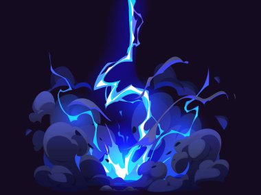 Çizgi film mavi gök gürültüsü yıldırımı etkisi, şimşek fırtınası. Gök gürültüsü enerjisi, hava ve elektrik çarpmasının enerjisini ve yoğunluğunu yakalayan vektör titreşimli yıldırımlar.