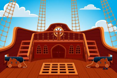 Korsan gemisi kıç güvertesi, direksiyon ve toplar. Parlak mavi gökyüzüne karşı ahşap tekerleği, topları ve donanımları olan vektör Corsair firkateyn tahtası macera, deniz tarihi ve korsanlık titreşimleri yayıyor.