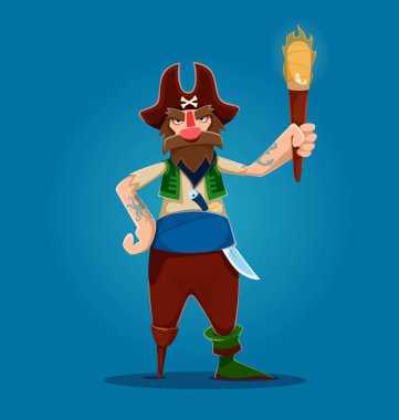 Meşaleli tek bacaklı korsan çizgi film karakteri. Ayrı bir vektör korsan şahsiyet. Kemerine sıkıştırılmış üç mısır şapkası, tahta bacak ve kılıç takıyor. Maceracı çocuk hikayelerinde hazine arıyor.