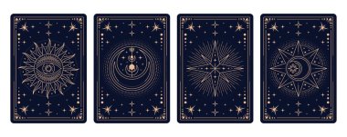 Sihirli tarot kartları, mistik esrarengiz okült çerçeveler karmaşık desenler ve yıldızlar, güneş, hilal ay, göz gibi okült semboller sergiliyor. Astroloji ve mistisizm için ruhani doğaüstü kartlar.
