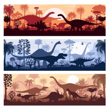 Dinozorların siluetleri, yatay sancaklarıyla tarih öncesi dönemin manzarası. Günbatımı sahnesinde dinazor türlerinin gölgeleriyle dolu vektör arkaplanlar büyük alacakaranlık gökyüzünün önünde palmiye ağaçları ile huzur içinde geziniyor.