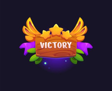 Oyun zafer ikonu atari oyunu ödül rozeti ve tam puan ikramiyesi, vektör GUI varlık unsuru. Oyun başarısı zaferi. Altın yıldızlı çizgi film ödülünü ve tahta rozetli kanatları kutlarım.