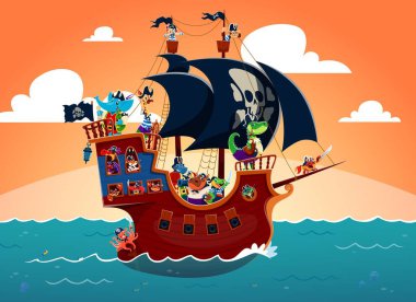 Mavi okyanustaki hayvan denizci karakterli korsan gemisi. Vektör karikatür korsan gemisi, yelkenli ya da güvertede korsan mürettebatı, siyah yelkenliler, bayraklar ve toplar. Komik deniz haydutları gemisi