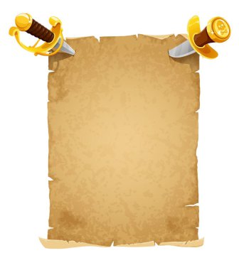 İçine hançer saplanmış korsan klasik parşömen kağıdı. Çizgi film vektörü eski parşömen, yıpranmış desenli korsair hazine haritası şablonu, üst köşelerdeki iki altın saplı dirk bıçağı ile delinmiş.