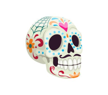 Ölü dia de los muertos şeker calavera kafatasının karikatür günü. Karmaşık ve canlı çiçek desenleri var. Geleneksel calaca başı, bayram kutlaması için şenlikli süsleme veya Meksika kültürü