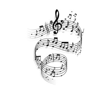 Müzik notaları olan bir şarkı dalgası, üç tuşlu bir ses girdabı ve kıvrımlı bir sazda işaretler. İzole vektör tek renkli melodi akışı. Performans ve konser siyah beyaz girdap melodi, dalgalı kıvrım