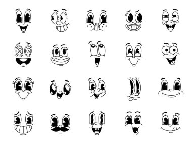 Çizgi film komik, harika bir yüz, göz duyguları ve eski sevimli emoji karakterleri seti. Klasik yüz ifadesi, yüz ifadeleri, vektör kişilikleri, gülen yüzler, ağız ve dişler, bıyık ve dil.