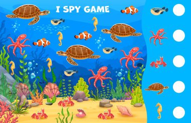 Deniz altı hayvanlarıyla oyun kağıtları görüyorum. Kaç tane deniz kaplumbağası, ahtapot, denizatı, kirpi balığı ve yengeç. Çocuk testi, bebek zihin gelişimi için eğitici matematik görevi