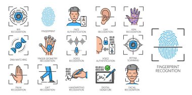 Biyometrik tanımlama, tanımlama veya doğrulama simgeleri. Dijital imza, kimlik tanıma teknolojisi. Kulak, yüz, avuç içi ve iris ile belirlenmiş vektör sembolleri. Parmak izi.