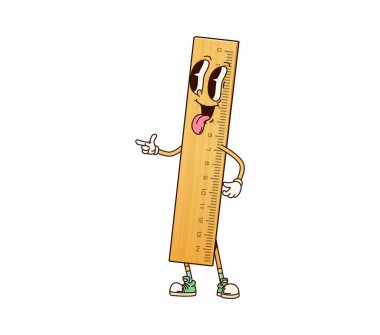 Okulun en iyi yöneten karakteri. İzole edilmiş çizgi film vektörü geriye dönük neşeli kırtasiye, ölçüm aracı kişiliği yapışkan bir dille işaret ediyor, çocuk öğrencileri ölçüp eğitmeye hazır.