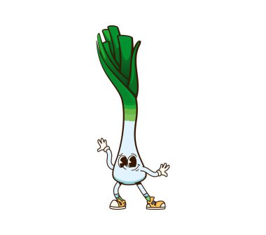 Groovy shallot onion vegetable character. Isolated cartoon vector playful leek veg personage with a cheerful expression, wearing sneakers and striking a dynamic pose, exudes fun healthy eating vibes clipart