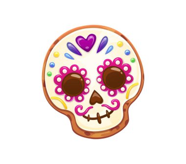 Mexican Dead Day biscuit cookie or skull cake for Dia de Los Muertos holiday, cartoon vector. Mexican calavera sugar skull with floral ornament as biscuit cookie or pastry dessert for Dead Day clipart