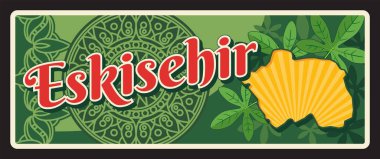Eskisehir Türk kenti veya il için karmaşık yeşil desenler, harita toprakları ve arka planda yapraklarla geçmişe dönük pankart. Türkiye 'nin zengin kültürel ve doğal mirasını vurgulayan vektör vintage plaka