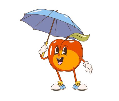 Retro çizgi film süper nektarin meyve karakteri şemsiye tutuyor. İzole vektör antropomorfik şeftali veya yeşil yapraklı elma meyvesi, neşeli yüz ifadesi, ve yağmurun altında klasik spor ayakkabıları