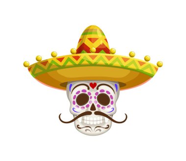 Ölü dia de los Muertos Meksika kafatası çizgi film günü sombrero. İzole edilmiş karikatür vektörü mariachi Sugar skull kültürel şenlikleri temsil ediyor, atalarımızı onurlandırıyor ve yaşamı ve ölümü kutluyor.