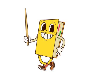 Çizgili çubuklu harika bir kitap karakteri. İzole edilmiş çizgi film vektör ders kitabı. Şirin sarı defter ya da günlük öğretmeni ya da özel öğretmen, eğitim kişiliği dersi, bilgiyi ya da sunumu mutlulukla açıklar.