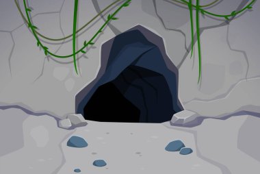 Kayalık arazide yuva yapmış yeşil sarmaşıklarla süslenmiş mağara girişi gizem ve macera hissi uyandırıyor. Oyun, kitap veya keşif teması için çizgi film vektörü doğal ortam arkaplanı