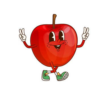 Neşeli suratlı, iki eliyle barış işaretleri gösteren kırmızı elmalı çizgi film karakteri. İzole edilmiş vektör olgun, taze, bayram meyvesi kişiliği neşeli bir sonbahar havası yayar.