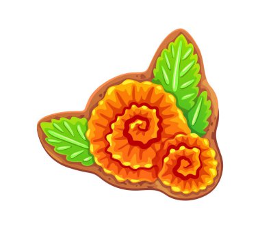 Dia de Los Muertos bayramı için Meksika usulü kadife çiçekli bisküvi, vektör kek. Dia de Los Muertos veya Ölüler Günü için şekerli kadife çiçekli Meksika dini bayramı kurabiyesi