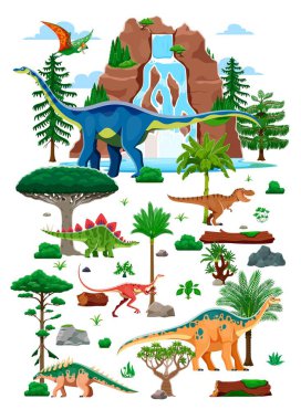 Prehistoric dinosaurs and lizards of Jurassic era in park forest, vector funny dino characters. Cartoon dinosaur T-rex tyrannosaurus, alvarezsaurus, apatosaurus with quaesitosaurus and polacanthus clipart