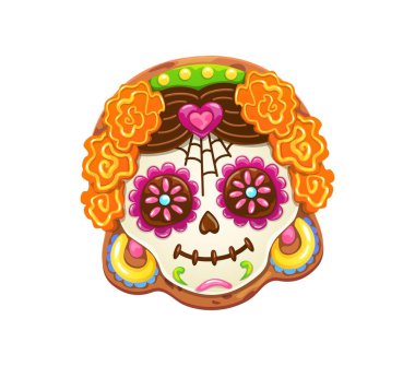 Mexican Dia de Los Muertos calavera skull cookie or biscuit cake for Dead Day holiday, cartoon vector. Mexican Catrina calavera sugar skull biscuit cookie with marigold flowers and hearts for Dead Day clipart