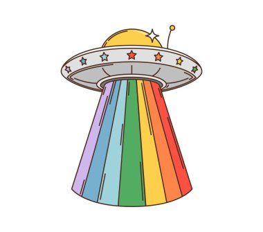 Uzay UFO 'su ya da gökkuşağı yıldızlı uzaylı tabağı, vektör retro çizgi romanı. 70 'lerin modası geçmiş uzaylı UFO uzay gemisi. Psikedelik gökkuşağı lazeri ve çılgın disko için galaksi yıldızları. Ya da çılgın rozet.
