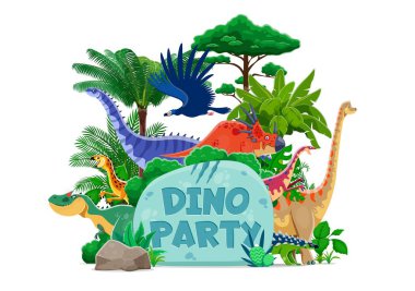 Dinozor partisi kapağı, çocuklar için tarih öncesi dinozorlar eğlence etkinliği, vektör geçmişi. Dino partisi davetiyesi, afiş ya da çocuk festivali için Jurassic dinozor karakterli poster