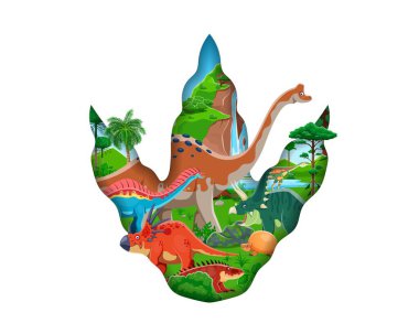 Paper cut dinosaur footprint with funny dino characters. Isolated 3d vector frame in shape of dinosaur paw with talons filled with prehistoric animals at ancient jurassic landscape with jungle plants clipart